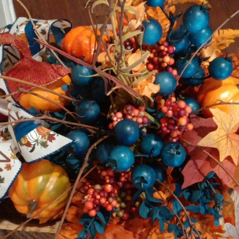 Vibrant Autumn Faux Floral Arrangement with Orange and Blue Accents